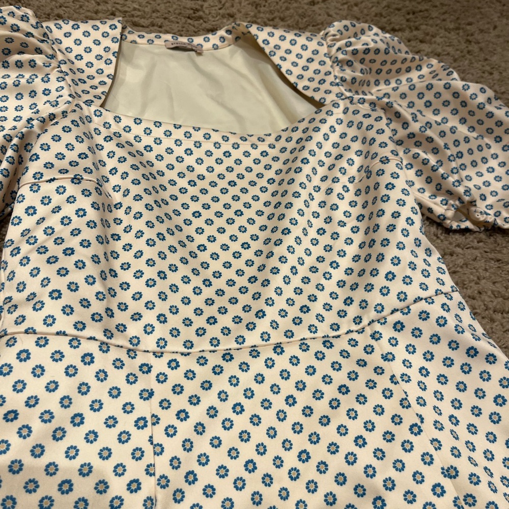 Elegant Cream and Blue Floral Mini Dress